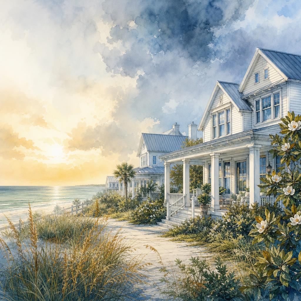 Conceptual illustration of a restored Gulf Coast home at dawn